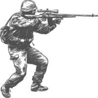 sniper army soldier in action full body image using Old engraving style vector