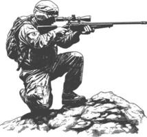 sniper army soldier in action full body image using Old engraving style vector