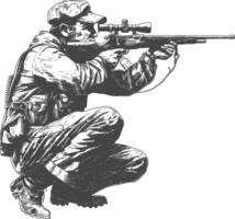 sniper army soldier in action full body image using Old engraving style vector