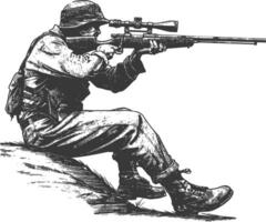 sniper army soldier in action full body image using Old engraving style vector