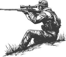 sniper army soldier in action full body image using Old engraving style vector