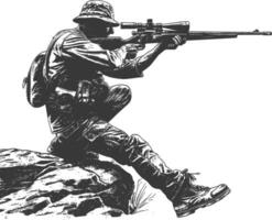 sniper army soldier in action full body image using Old engraving style vector