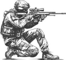 sniper army soldier in action full body image using Old engraving style vector