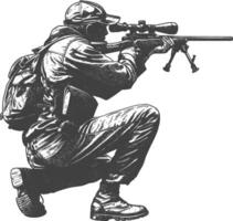 sniper army soldier in action full body image using Old engraving style vector