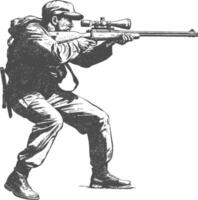 sniper army soldier in action full body image using Old engraving style vector