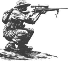 sniper army soldier in action full body image using Old engraving style vector