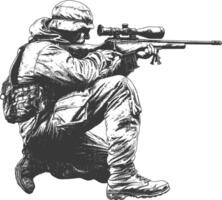 sniper army soldier in action full body image using Old engraving style vector