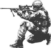 sniper army soldier in action full body image using Old engraving style vector