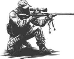 sniper army soldier in action full body image using Old engraving style vector