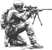 sniper army soldier in action full body image using Old engraving style vector