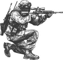 sniper army soldier in action full body image using Old engraving style vector
