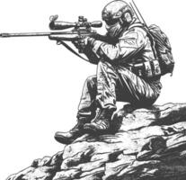 sniper army soldier in action full body image using Old engraving style vector