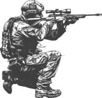 francotirador Ejército soldado en acción lleno cuerpo imagen utilizando antiguo grabado estilo vector