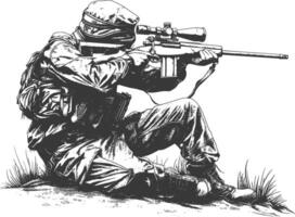 sniper army soldier in action full body image using Old engraving style vector