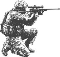 sniper army soldier in action full body image using Old engraving style vector