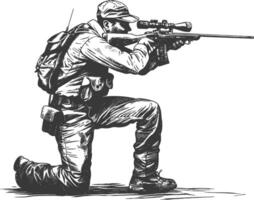 sniper army soldier in action full body image using Old engraving style vector