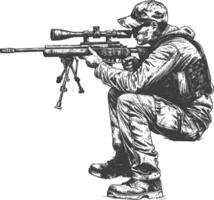 sniper army soldier in action full body image using Old engraving style vector