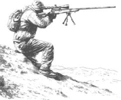 sniper army soldier in action full body image using Old engraving style vector