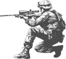 sniper army soldier in action full body image using Old engraving style vector