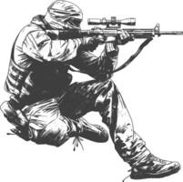 sniper army soldier in action full body image using Old engraving style vector