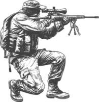 sniper army soldier in action full body image using Old engraving style vector