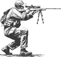 sniper army soldier in action full body image using Old engraving style vector