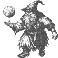 dwarf mage with magical orb full body images using Old engraving style body black color only vector