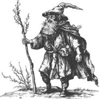 dwarf mage with magical staff full body images using Old engraving style body black color only vector