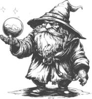 dwarf mage with magical orb full body images using Old engraving style body black color only vector