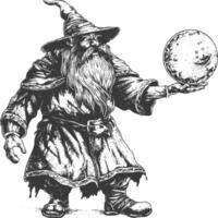 dwarf mage with magical orb full body images using Old engraving style body black color only vector