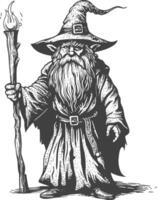 dwarf mage with magical staff full body images using Old engraving style body black color only vector