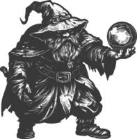 dwarf mage with magical orb full body images using Old engraving style body black color only vector