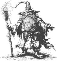 dwarf mage with magical staff full body images using Old engraving style body black color only vector