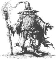 dwarf mage with magical staff full body images using Old engraving style body black color only vector