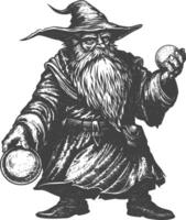 dwarf mage with magical orb full body images using Old engraving style body black color only vector