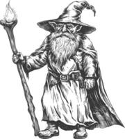 dwarf mage with magical staff full body images using Old engraving style body black color only vector