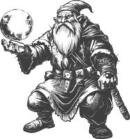 dwarf mage with magical orb full body images using Old engraving style body black color only vector