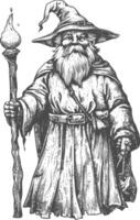 dwarf mage with magical staff full body images using Old engraving style body black color only vector