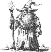 dwarf mage with magical staff full body images using Old engraving style body black color only vector