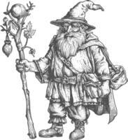 dwarf mage with magical staff full body images using Old engraving style body black color only vector