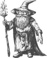 dwarf mage with magical staff full body images using Old engraving style body black color only vector