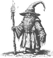 dwarf mage with magical staff full body images using Old engraving style body black color only vector