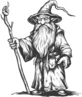 dwarf mage with magical staff full body images using Old engraving style body black color only vector