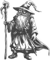 dwarf mage with magical staff full body images using Old engraving style body black color only vector