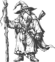 dwarf mage with magical staff full body images using Old engraving style body black color only vector