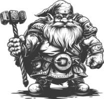 dwarf warrior with hammer full body images using Old engraving style body black color only vector