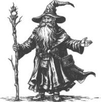 dwarf mage with magical staff full body images using Old engraving style body black color only vector