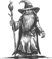 dwarf mage with magical staff full body images using Old engraving style body black color only vector