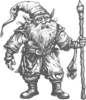 dwarf mage with magical staff full body images using Old engraving style body black color only vector