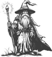 dwarf mage with magical staff full body images using Old engraving style body black color only vector